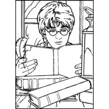 Coloriage Harry Potter lisant un livre avec une plume