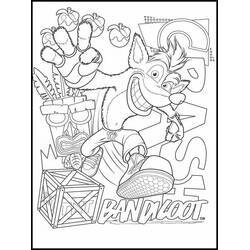 Coloriage Crash Bandicoot sautant avec des fruits et des caisses