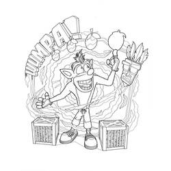 Coloriage Crash Bandicoot tourbillonnant avec des fruits Wumpa