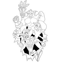 Coloriage Crash Bandicoot et ses amis surgissant d'un mur