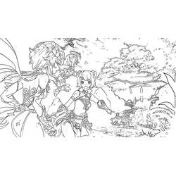 Coloriage Genshin Impact personnages explorant un paysage