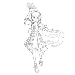 Coloriage Kamisato Ayaka dans une pose élégante avec éventail
