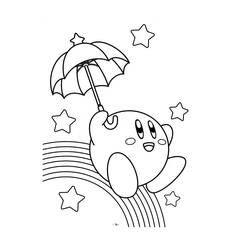 Coloriage Kirby avec parapluie au-dessus d'un arc-en-ciel