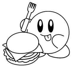 Coloriage Kirby avec un hamburger et une fourchette