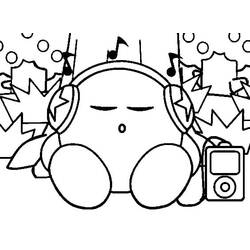 Coloriage Kirby écoutant de la musique avec un casque