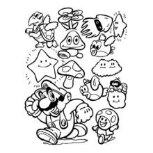 Coloriage Mario Bros entouré de Goomba, Koopa et petites créatures