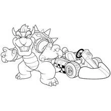 Coloriage Bowser aux bras levés devant son kart