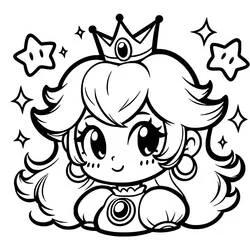 Coloriage Princesse Peach portrait chibi avec couronne et étoiles