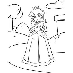 Coloriage Princesse Peach debout dans un paysage vallonné