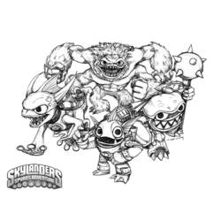 Coloriage Skylanders en groupe avec un grand monstre poilu