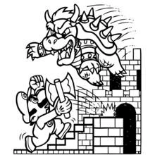 Coloriage Bowser sautant au-dessus de Mario dans un escalier de château Coloriage Bowser sautant au-dessus de Mario dans un escalier de château