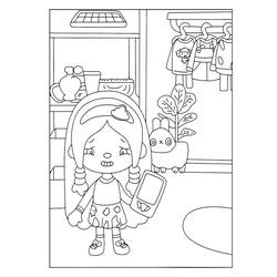 Coloriage Toca Boca fillette avec un téléphone dans sa chambre