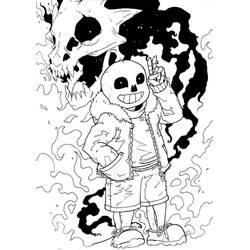 Coloriage Sans faisant un signe de paix devant un crâne géant