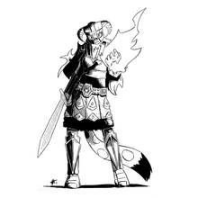 Coloriage Guerrier en armure avec casque à cornes et flamme
