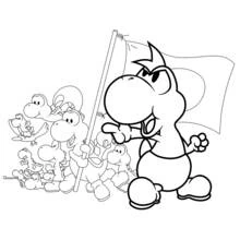 Coloriage Yoshi menant un groupe avec un drapeau