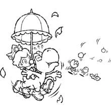 Coloriage Yoshi et Daisy volant avec un parapluie