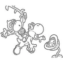 Coloriage Yoshi suspendu avec Diddy Kong près d'une Plante Piranha