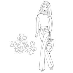 Coloriage Barbie en jean et col roulé avec motifs de fleurs