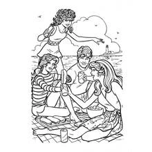 Coloriage Barbie et ses amis pique-niquent au bord de la mer