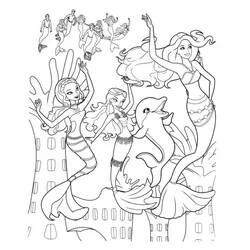 Coloriage Barbie Sirène dansant avec des amies et un dauphin
