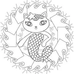 Coloriage Chat sirène entouré de vagues décoratives