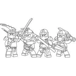 Coloriage Lego Ninjago quatre ninjas prêts au combat