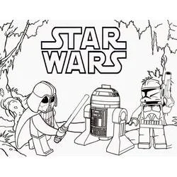 Coloriage Dark Vador, R2-D2 et un clone trooper dans la forêt
