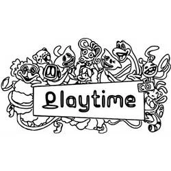 Coloriage Poppy Playtime personnages groupés autour d'une banderole Coloriage Poppy Playtime personnages groupés autour d'une banderole
