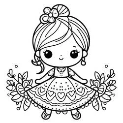Coloriage Poupée avec un bandeau fleuri entourée de feuilles