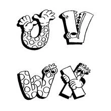 Coloriage Lettres rigolotes U, V, W et X avec visages et mains