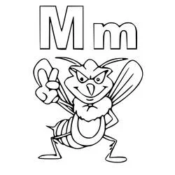 Coloriage Lettre M et un moustique faisant un signe de paix