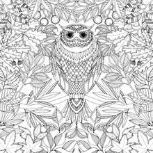 Coloriage Mandala de hibou entouré de feuilles