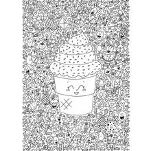 Coloriage Cupcake kawaii entouré de friandises et de cœurs