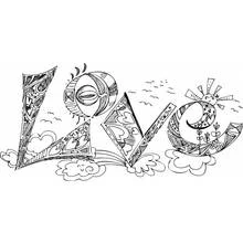 Coloriage Mot LOVE avec soleil, lune et nuages