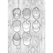 Coloriage Huit cupcakes décorés sur fond de bois