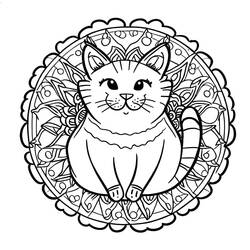 Coloriage Chat assis devant un mandala fleuri