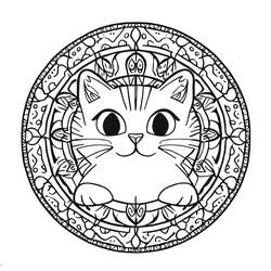 Coloriage Mandala chat avec cadre circulaire orné