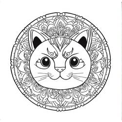 Coloriage Mandala chat avec cadre circulaire orné