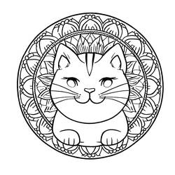 Coloriage Mandala chat au centre d'un cercle floral