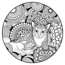 Coloriage Mandalas chat avec visage tigré au centre du cercle