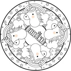Coloriage Mandala Licorne avec quatre têtes et étoiles