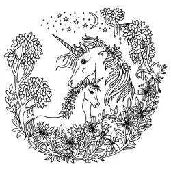 Coloriage Mandala Licorne mère et son poulain fleuris