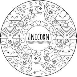 Coloriage Mandala licorne avec nuages et arcs-en-ciel
