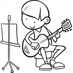 Coloriage Garçon jouant de la guitare assis sur un tabouret