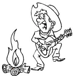 Coloriage Cow-boy joue de la guitare près du feu de camp