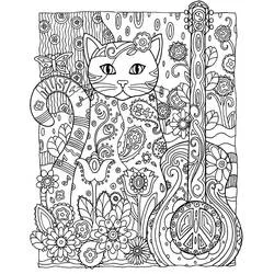 Coloriage Chat assis près d'une guitare fleurie