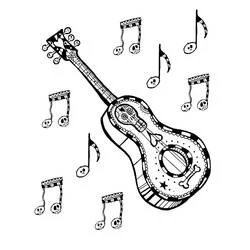 Coloriage Guitare décorée de crânes et de notes de musique
