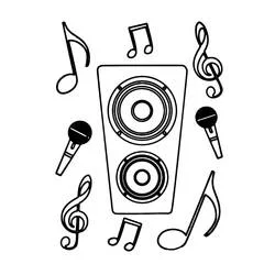 Coloriage Enceinte entourée de notes de musique et de micros