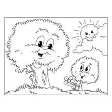 Coloriage Arbre et petit arbre souriants sous le soleil