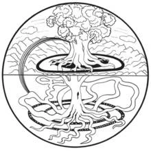 Coloriage Arbre de vie en mandala avec racines et montagnes